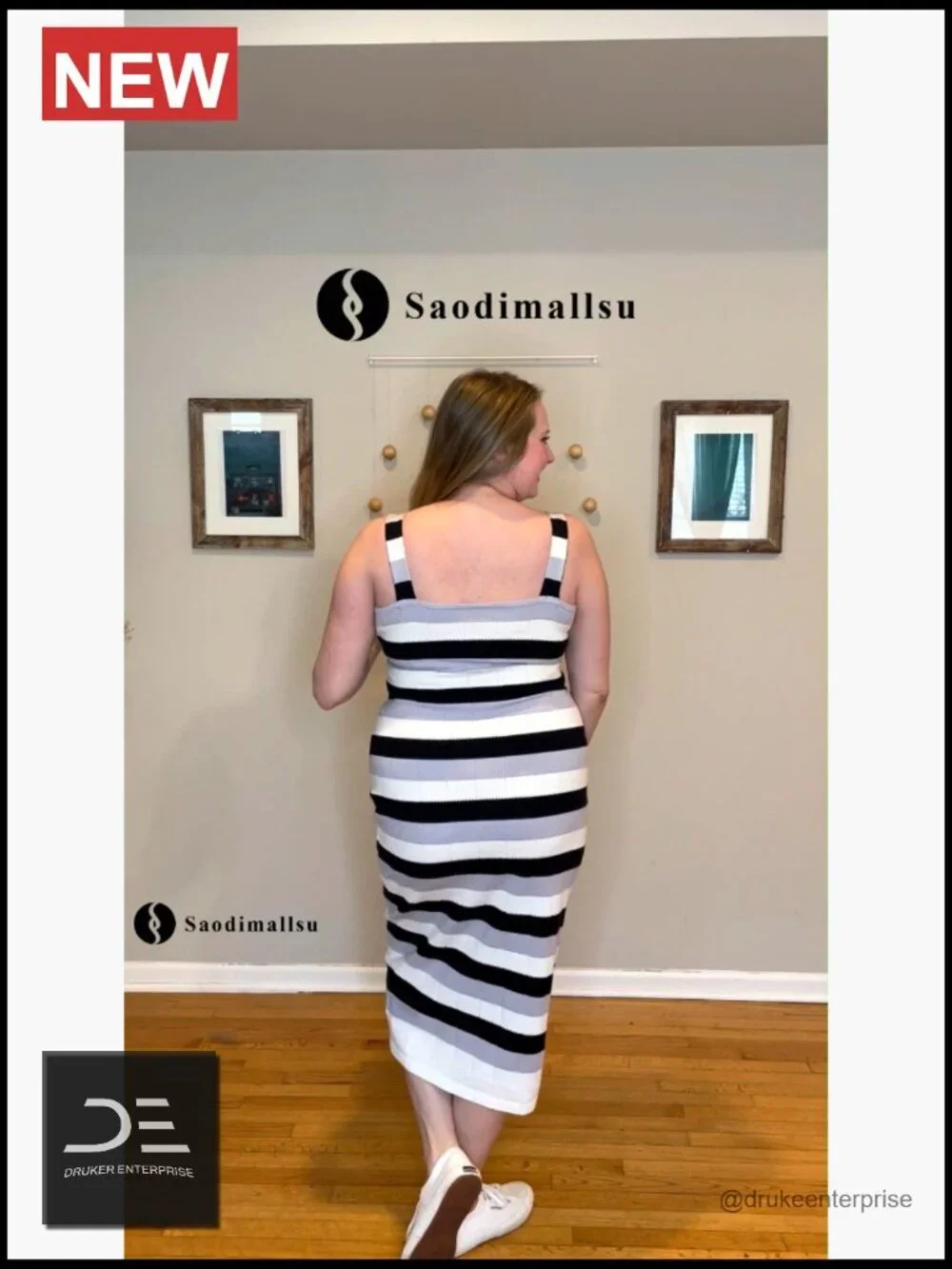 Striped Square Neck Sleeveless Bodycon Knit Midi Dress